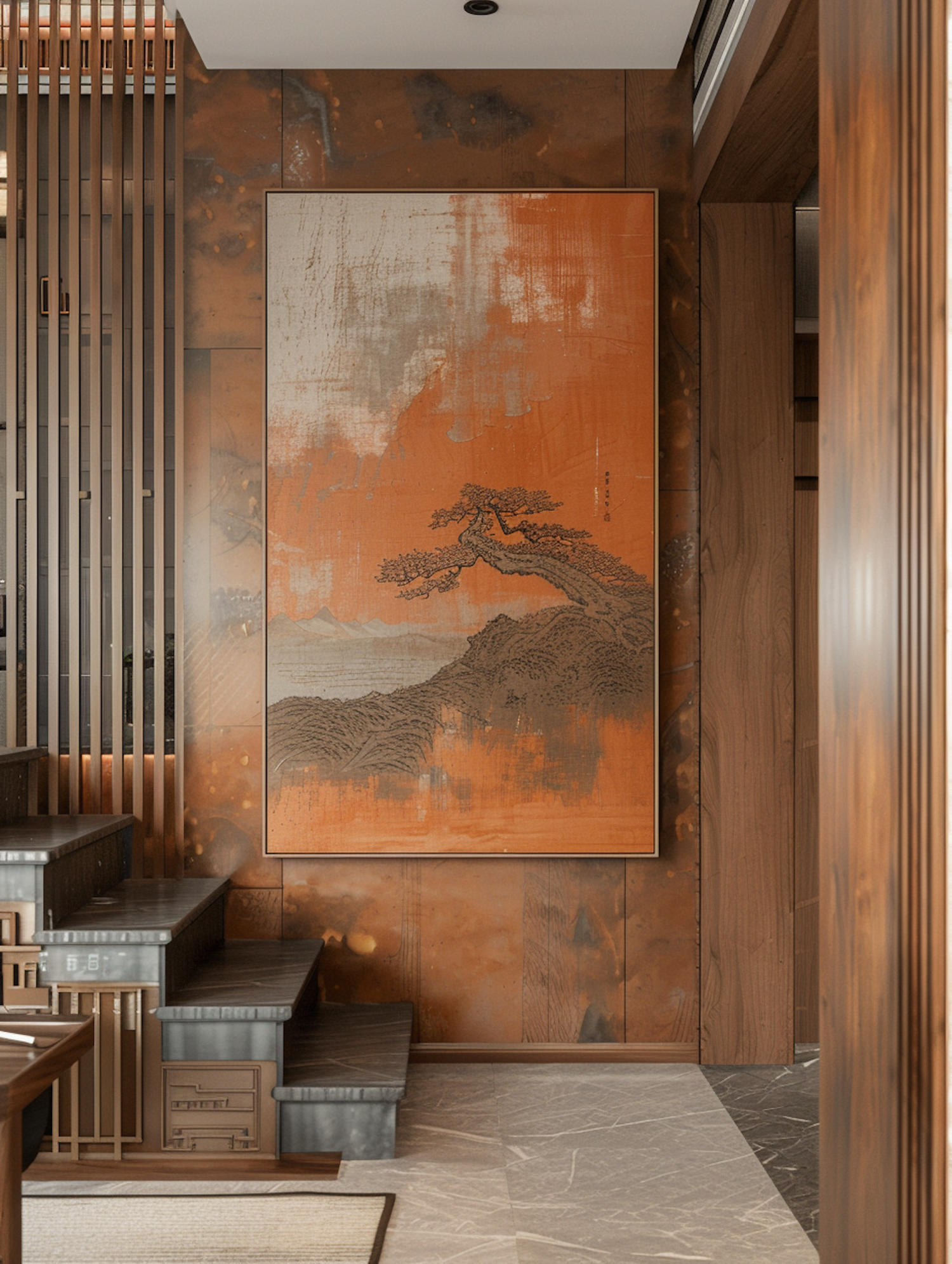 Elegant Wooden Interior with Asian Artwork