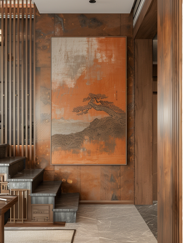 Elegant Wooden Interior with Asian Artwork