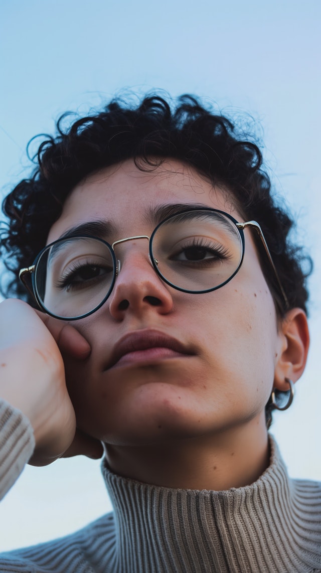 Contemplative Person with Curly Hair and Glasses