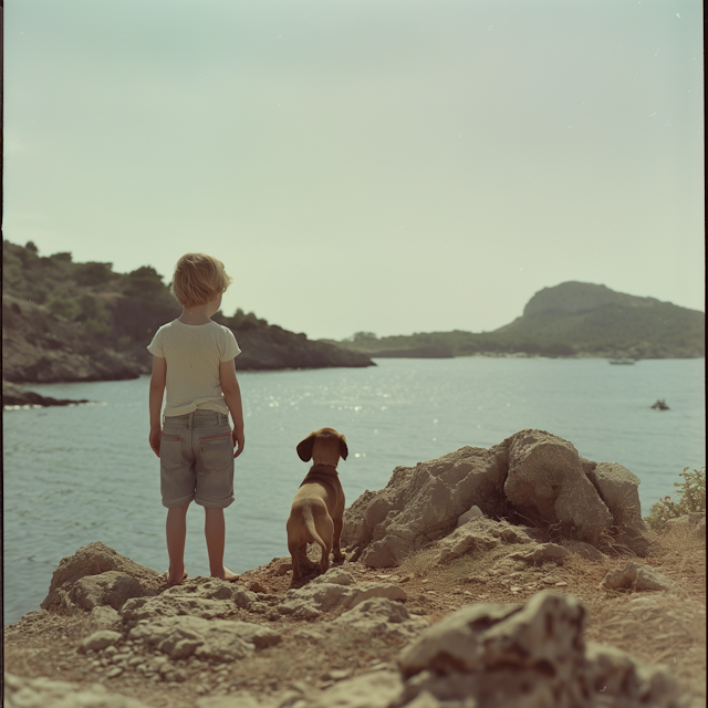 Child and Puppy Contemplating the Sea