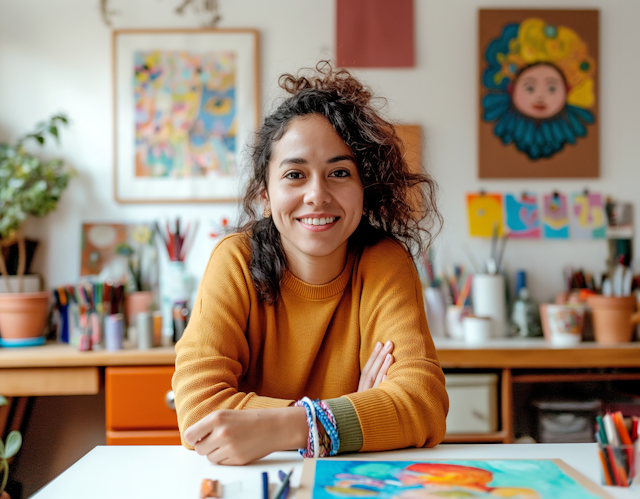 Smiling Woman in Creative Workspace