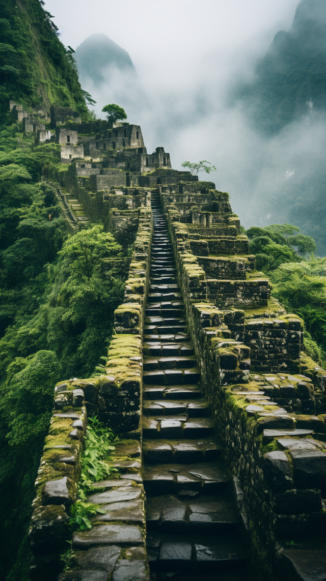 Misty Moss-Covered Ruins Ascending Staircase