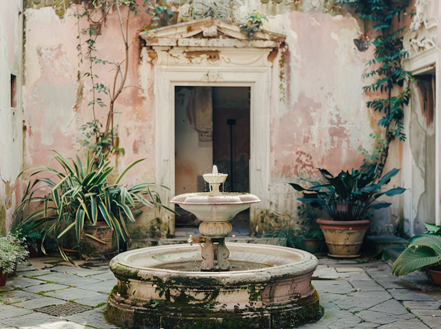 Serene Aged Courtyard with Fountain