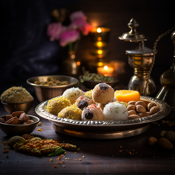 Gourmet Laddus and Almonds on Tray