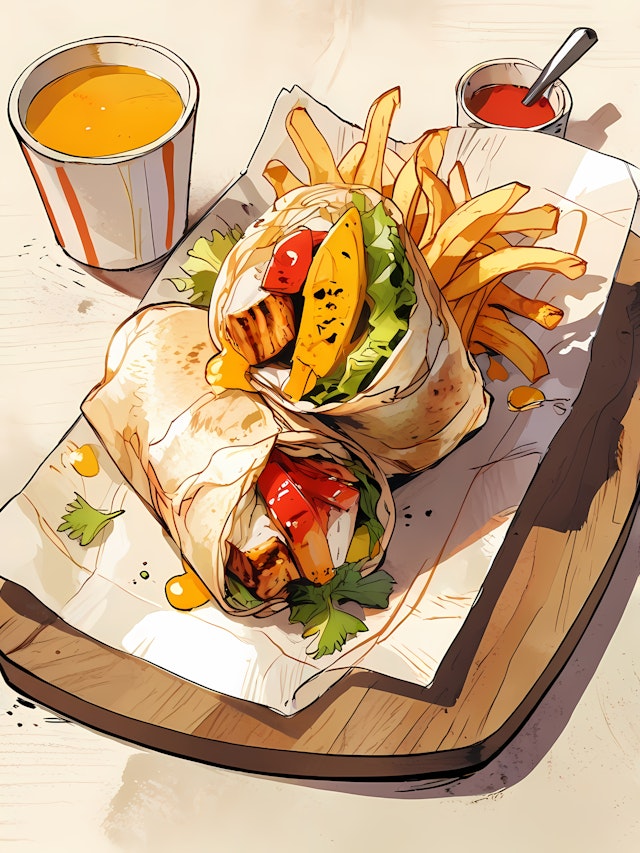 Vibrant Meal with Wrap and Fries