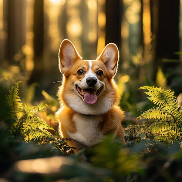 Corgi in Sunlit Forest