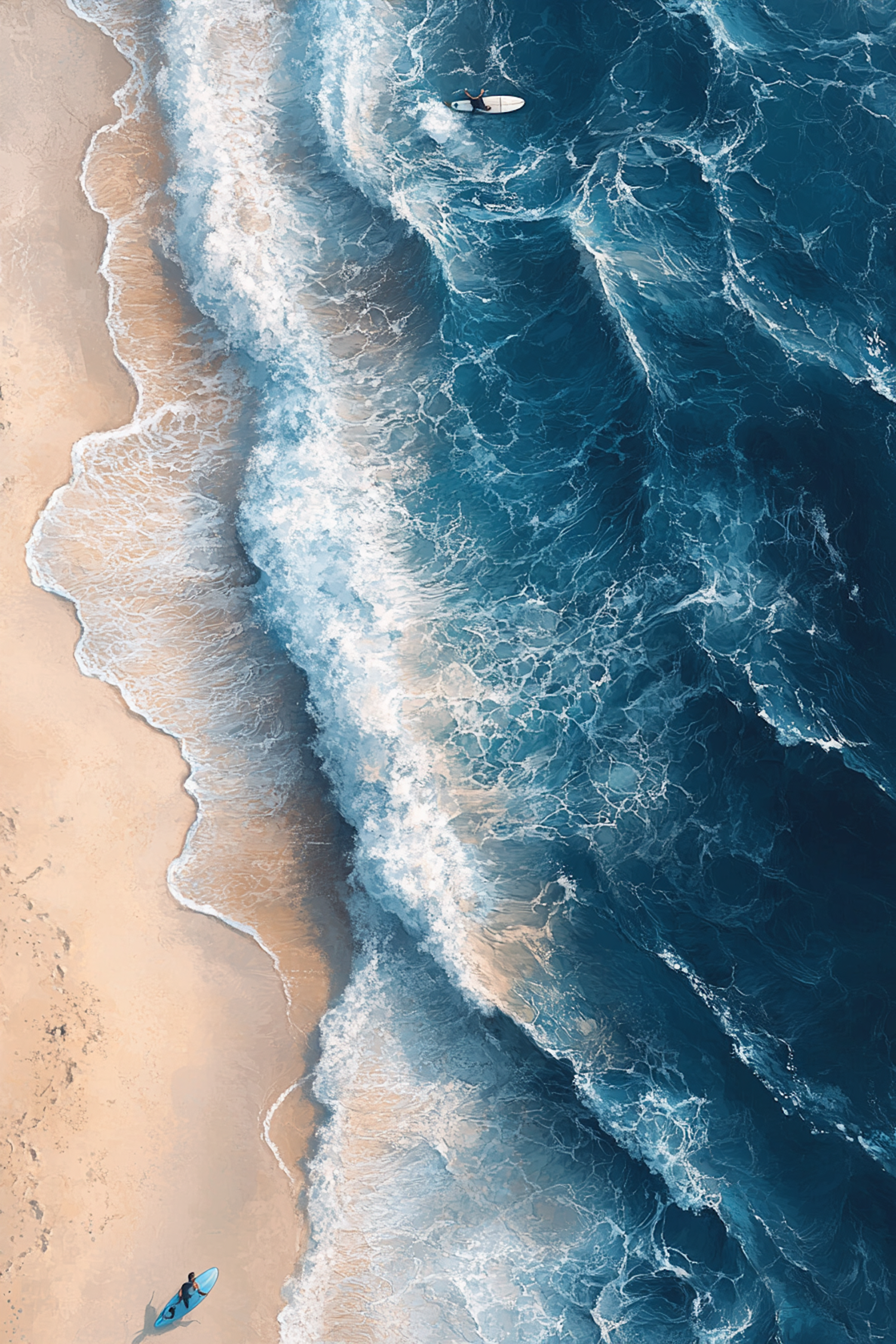 Aerial View of Surfers on a Beach