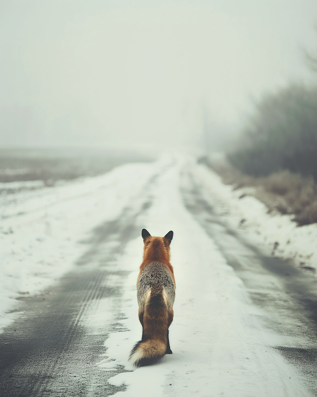 Lone Fox on a Snowy Road