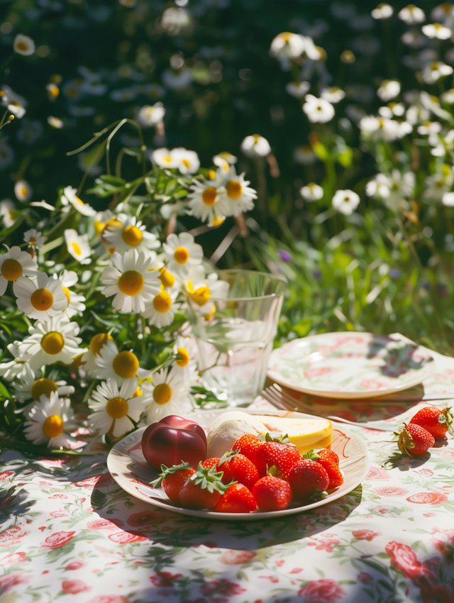 Sunny Picnic Scene with Fresh Food & Wildflowers