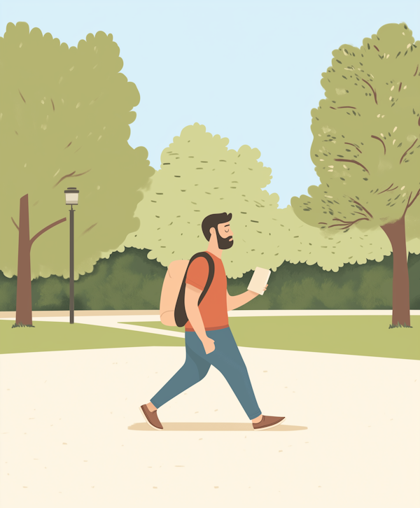 Man Walking in Park with Smartphone