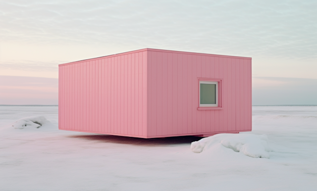 Isolated Pink Shelter in a Wintry Expanse