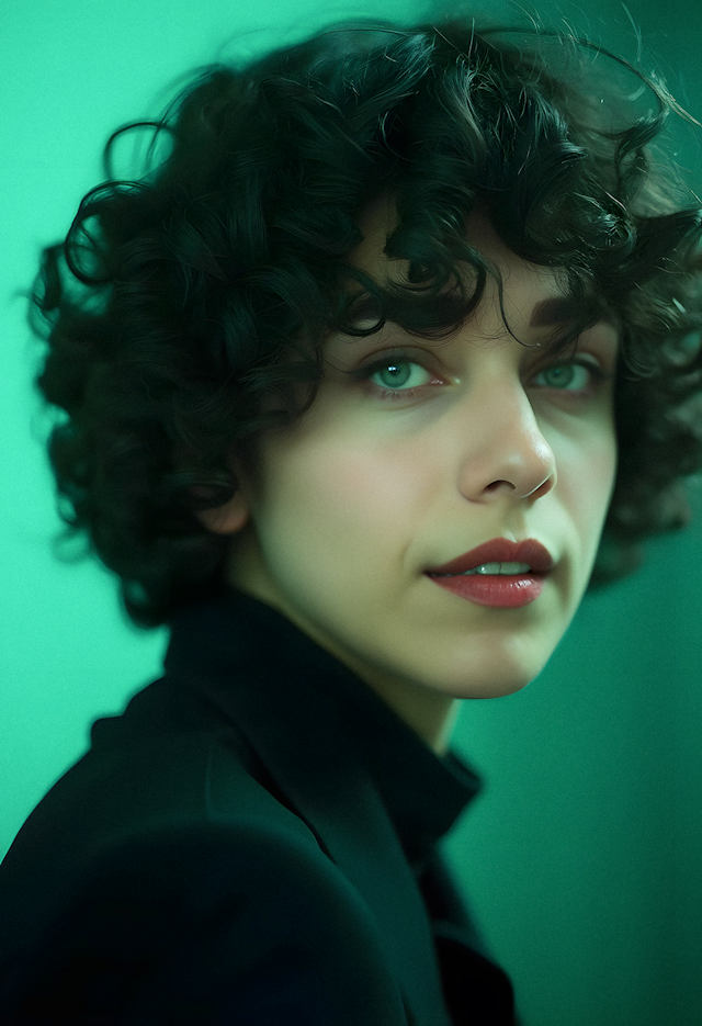 Portrait of a Farnaz with Curly Hair and Green Eyes