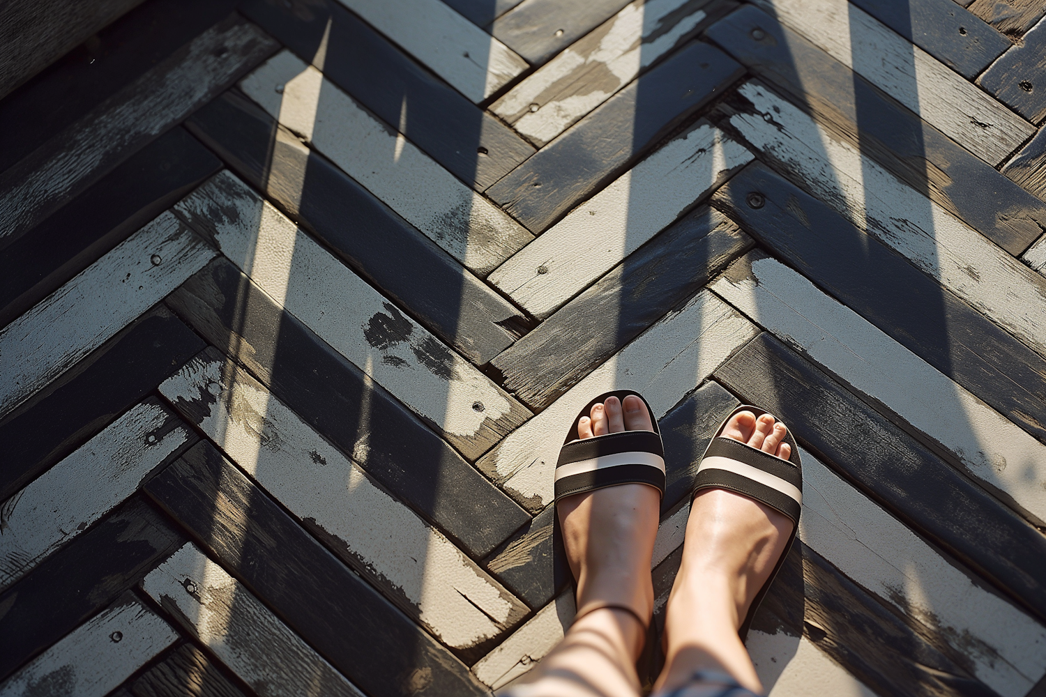 Striped Sandals on Chevron Wood