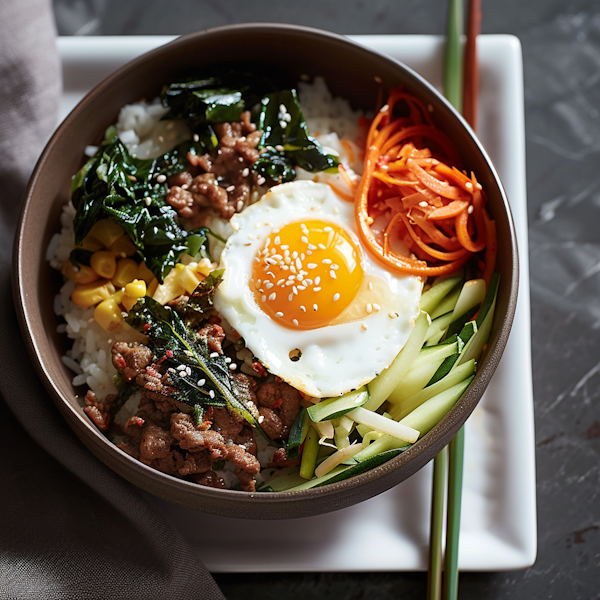 Korean Bibimbap in Brown Bowl