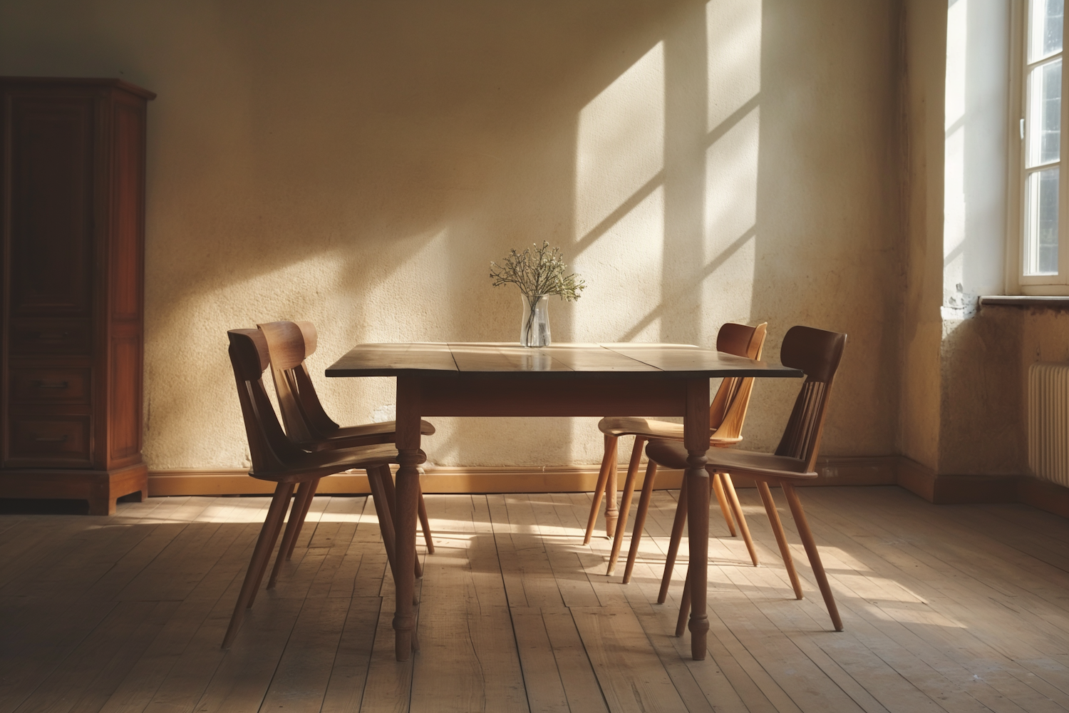 Tranquil Sunlit Interior with Wooden Table and Chairs