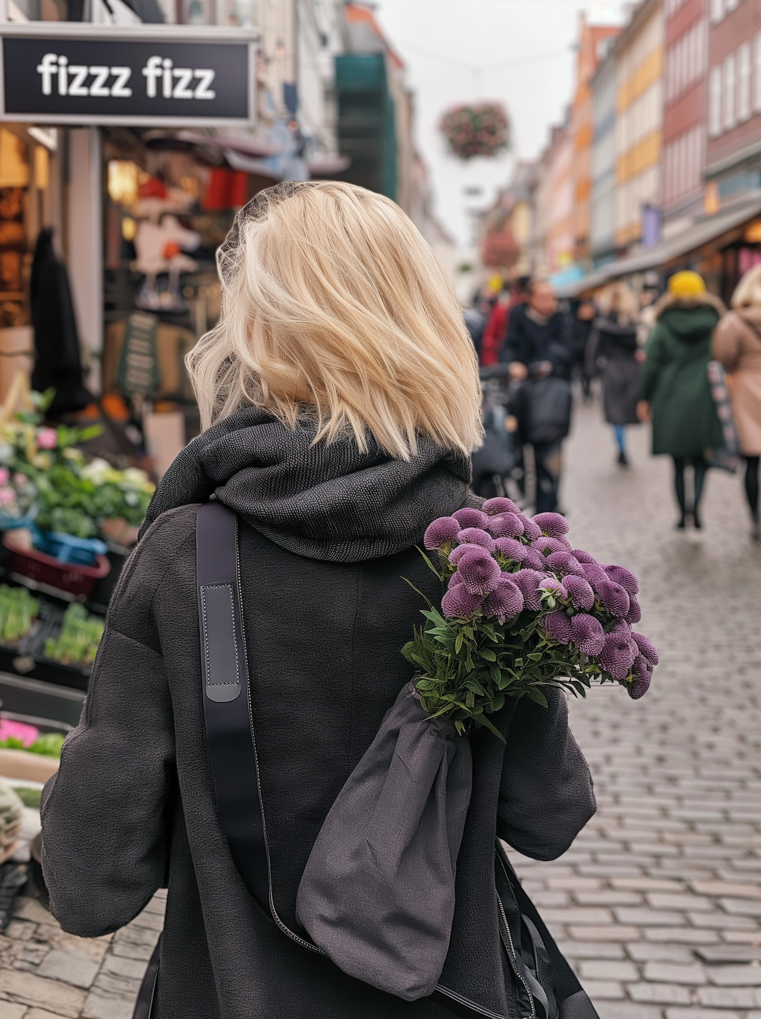 Woman with Platinum Blonde Hair on City Street