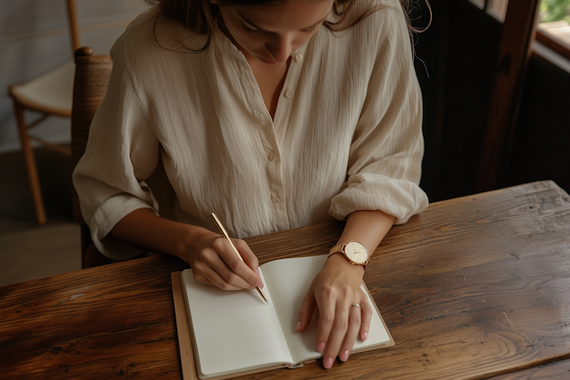 Writing at a Wooden Table