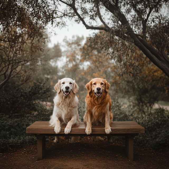 Golden Retrievers on Bench