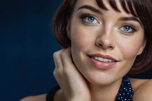 Friendly Woman with Auburn Hair and Blue Eyes