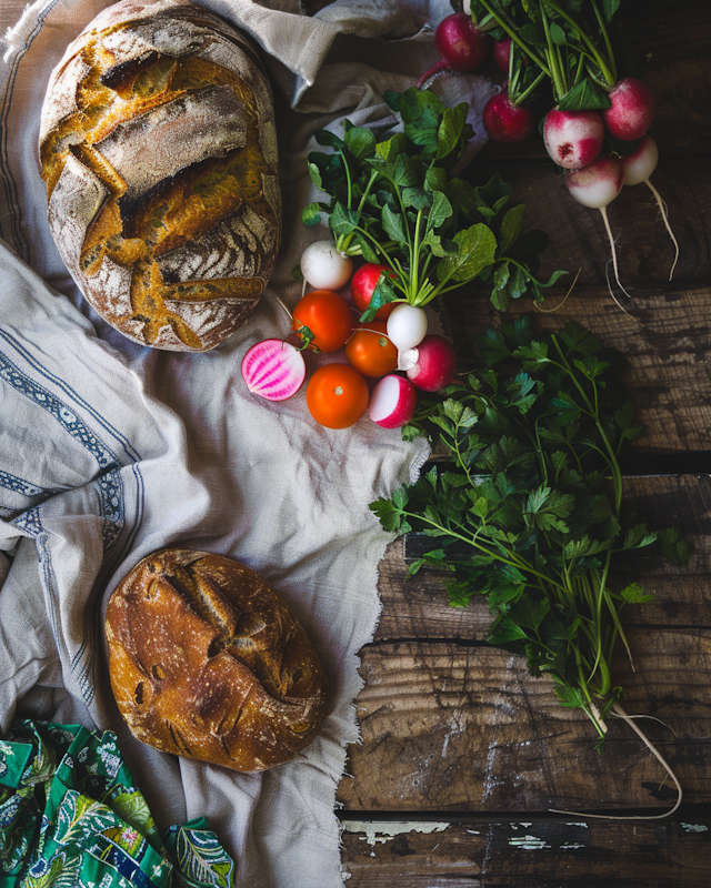 Rustic Produce and Bread Arrangement