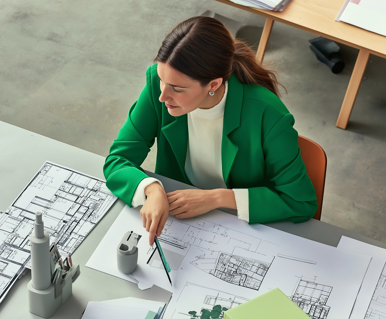 Woman Examining Architectural Blueprints