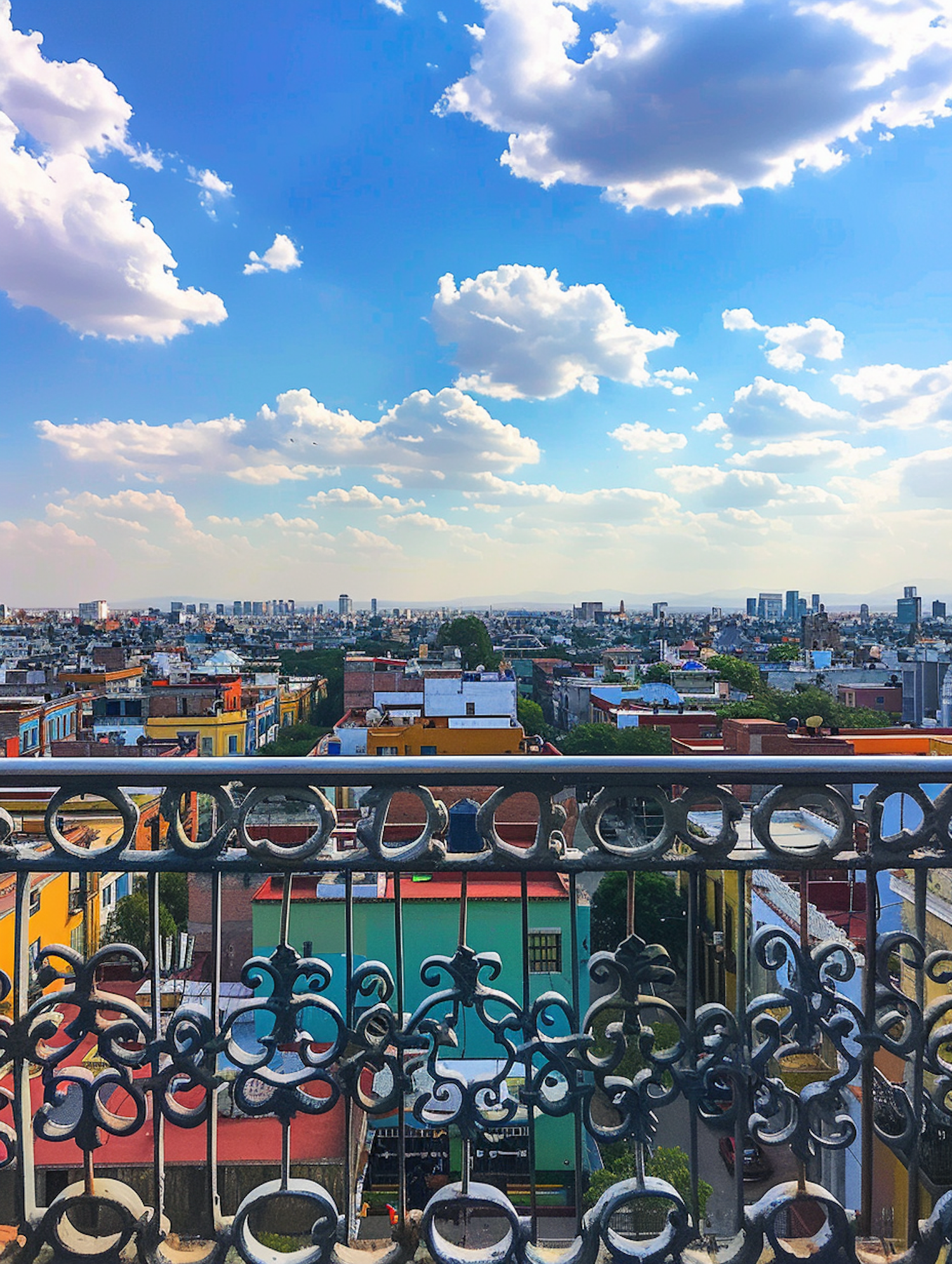 Serene Cityscape with Artistic Balcony