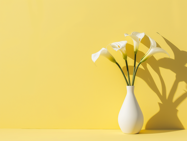 White Calla Lilies in Vase on Yellow Background