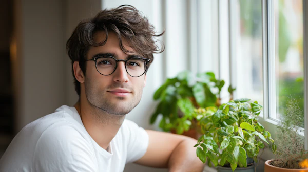 Young Man by Window with Plants