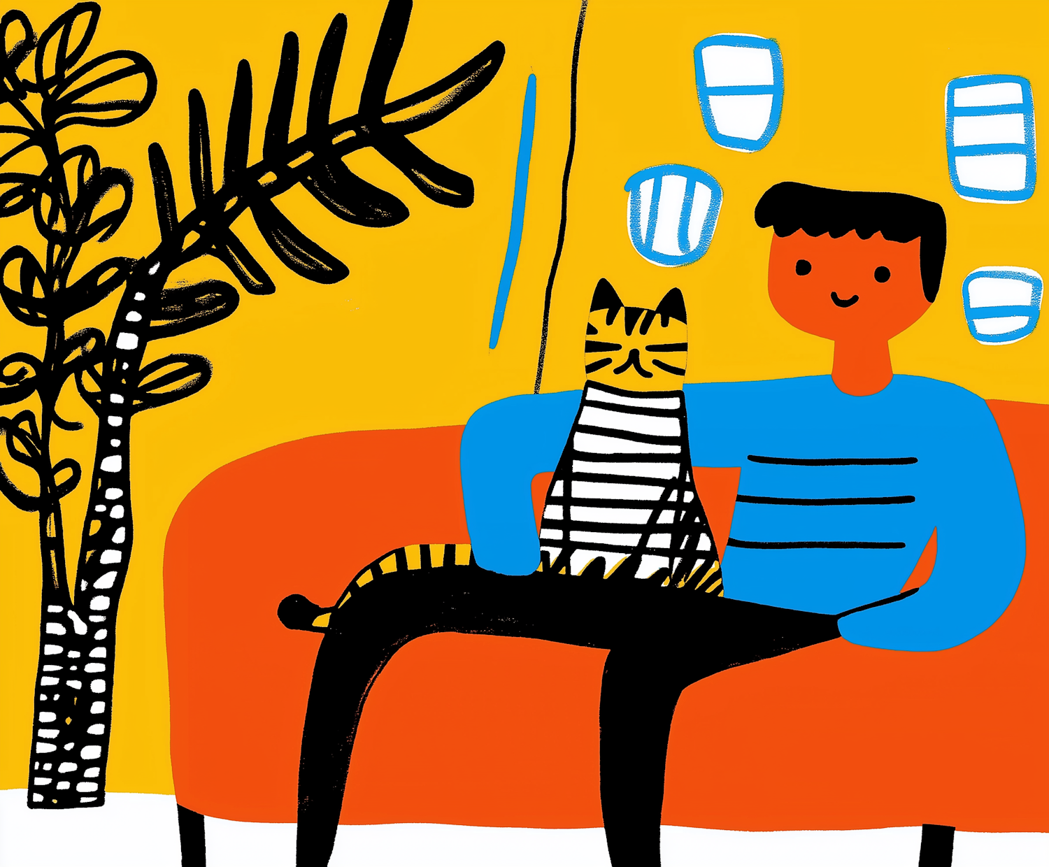 Person and Cat on Orange Couch Illustration