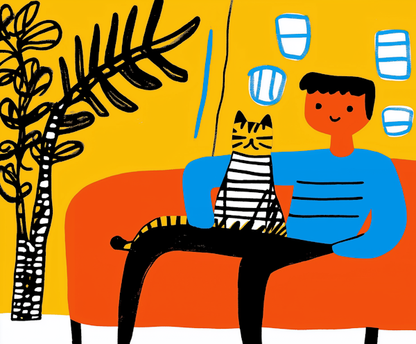 Person and Cat on Orange Couch Illustration