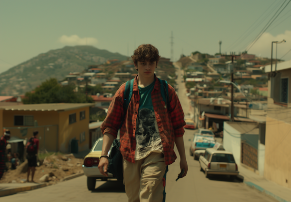 Young Man Walking in a Residential Hilltop Street