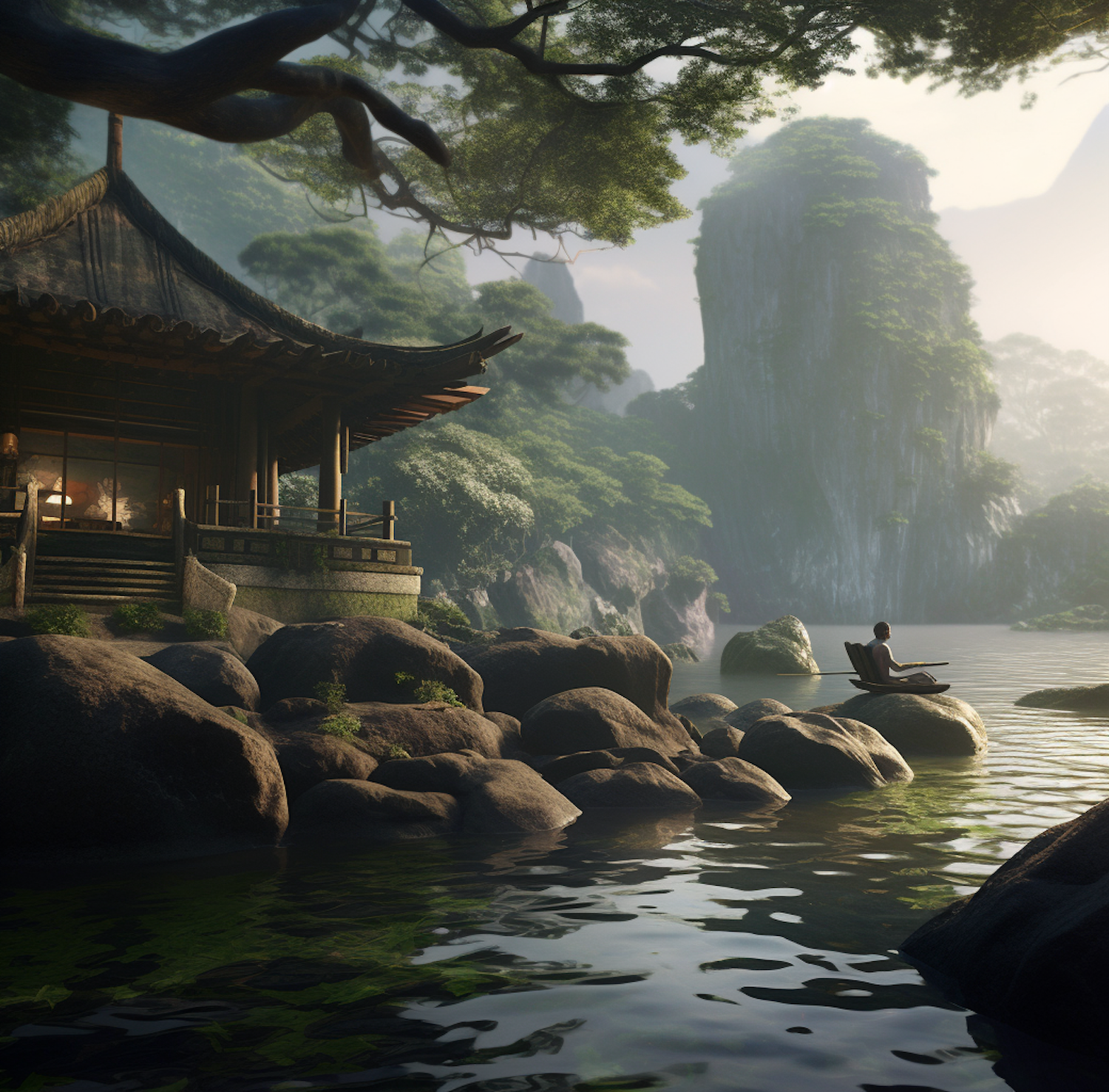 Tranquil Reflections in an Ethereal East Asian Landscape