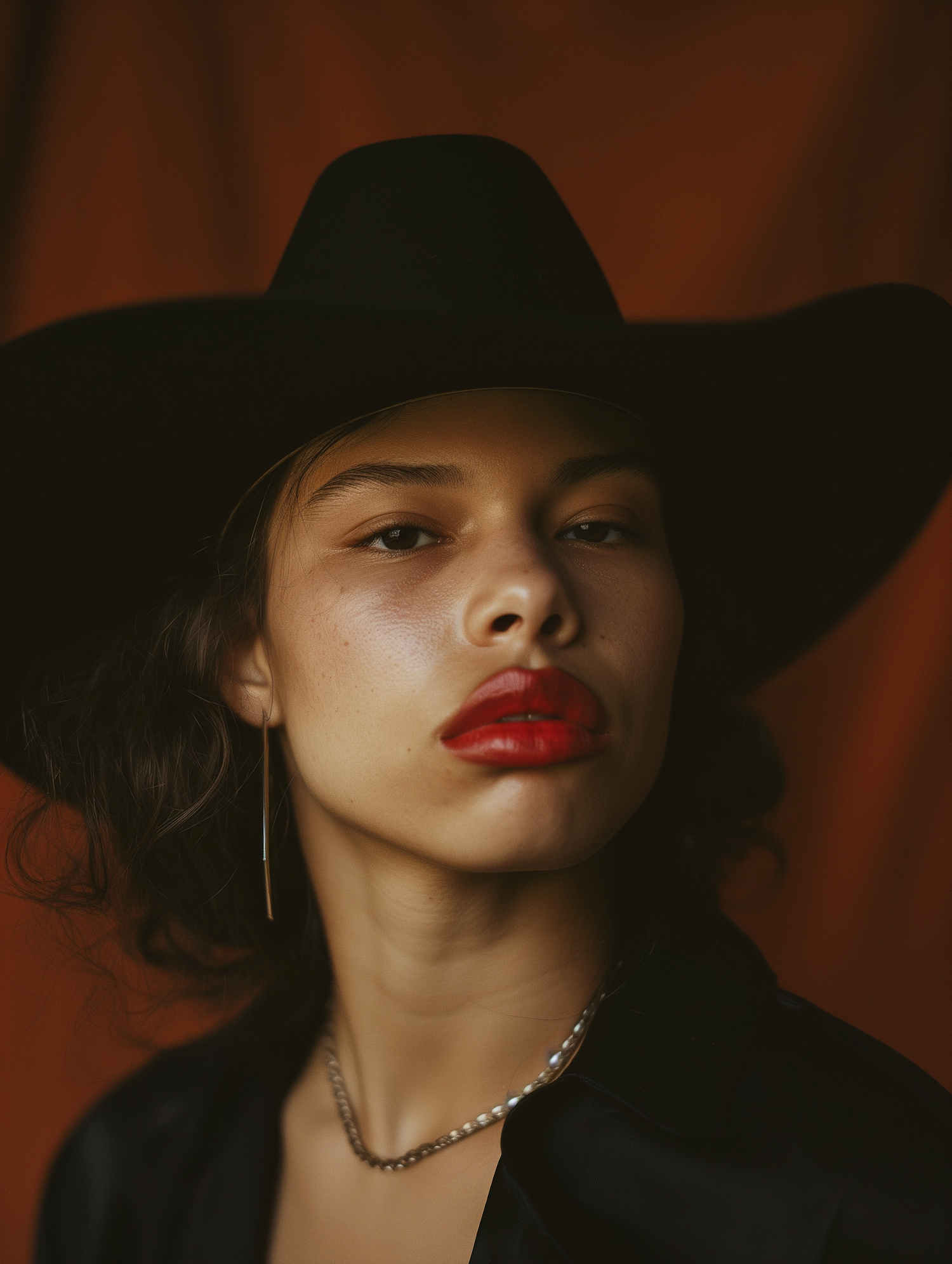 Serious Woman with Hat and Red Lips