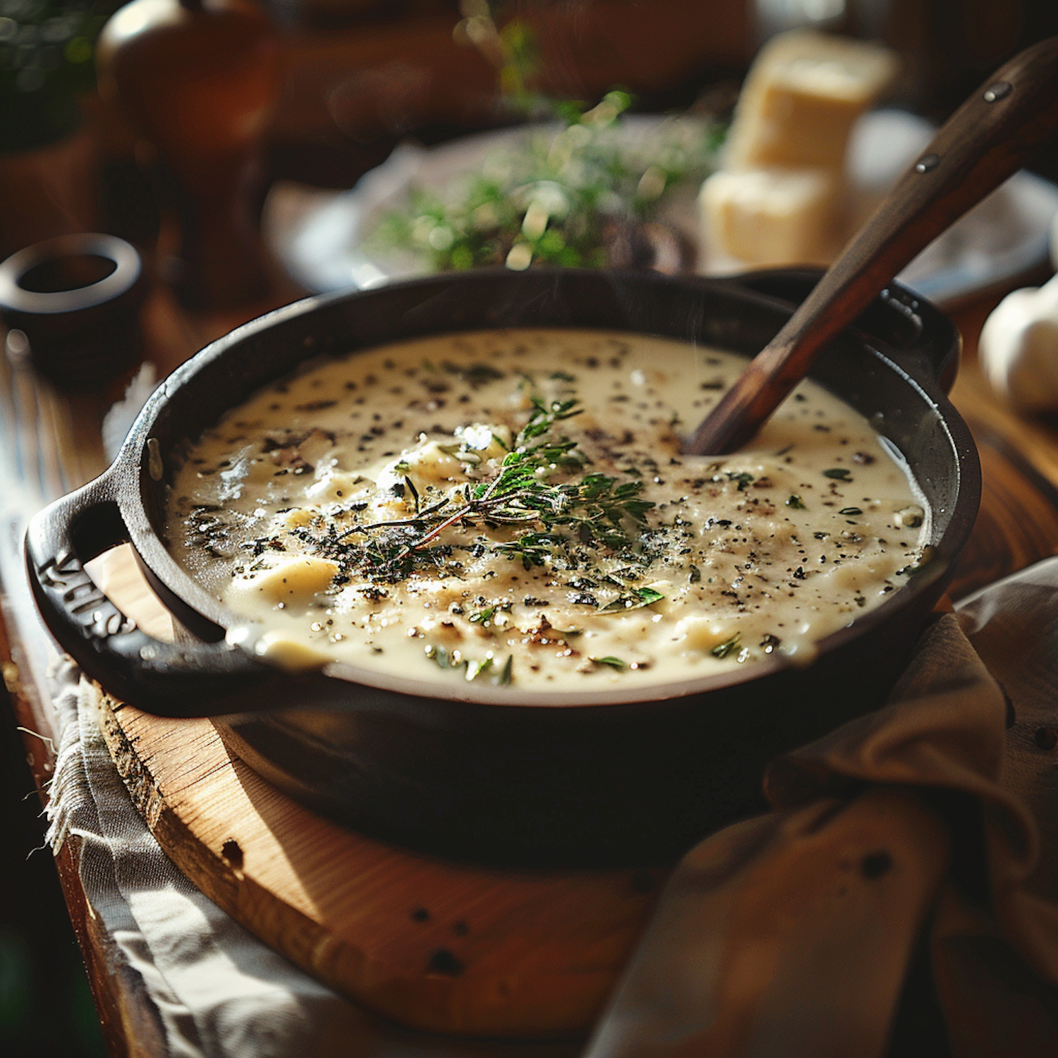 Herb-Infused Cream Soup in Cast-Iron Pot