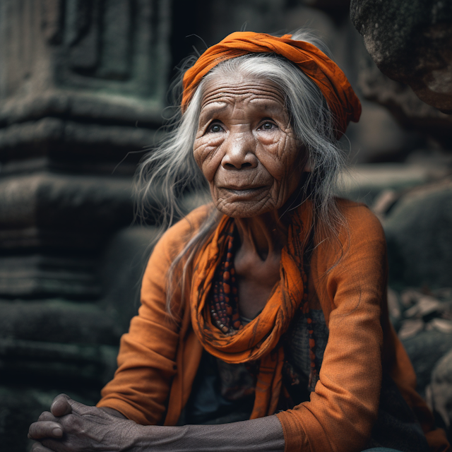 Elderly Woman in Orange Headscarf