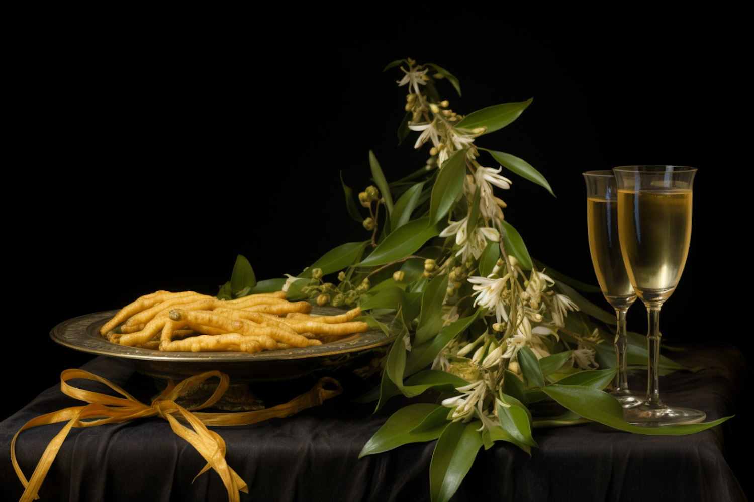 Elegant Antique Still Life with Golden Breadsticks and Blossoms