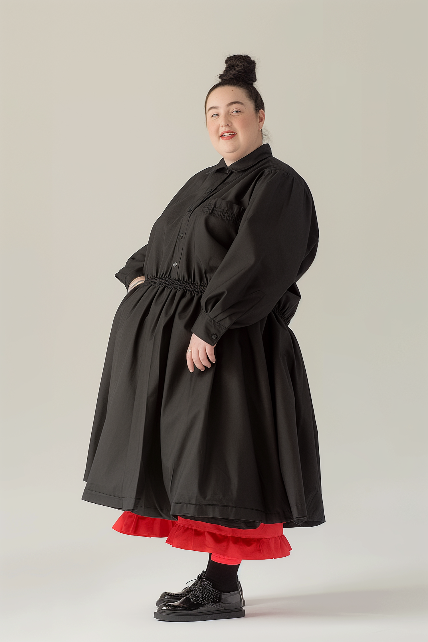 Fashionable Woman in Black Dress and Red Skirt