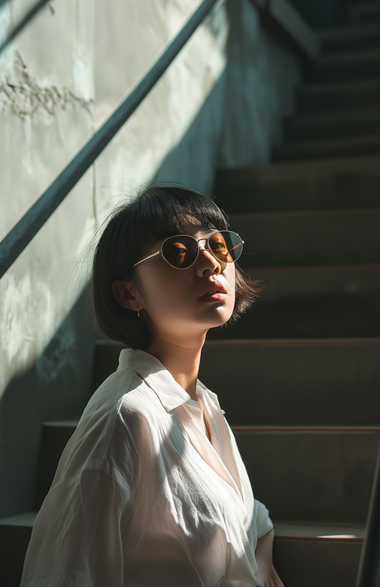 Contemplative Elegance in Sunlit Stairwell