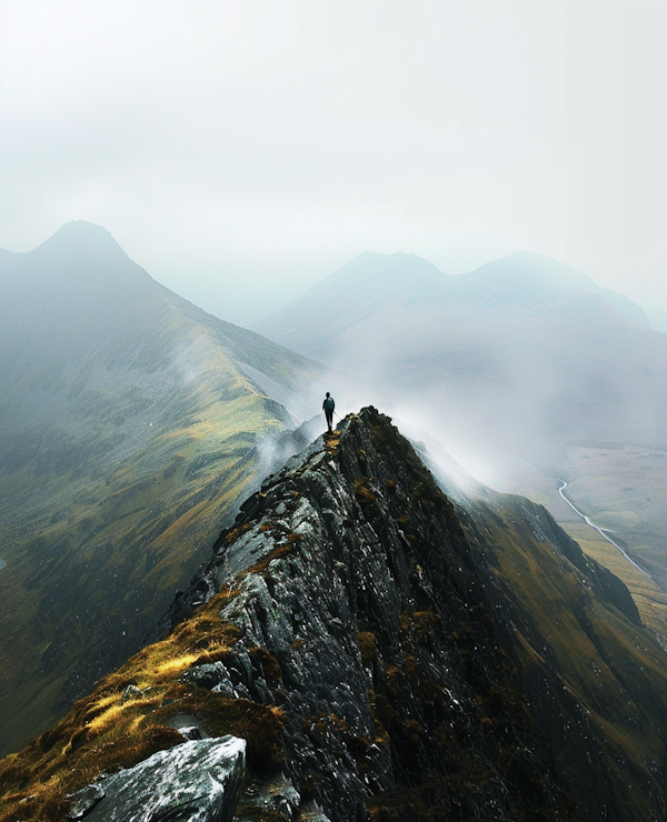 Lone Hiker Overlooking Misty Mountains