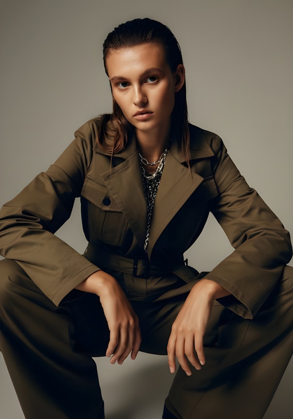 Confident Woman in Military-Inspired Fashion