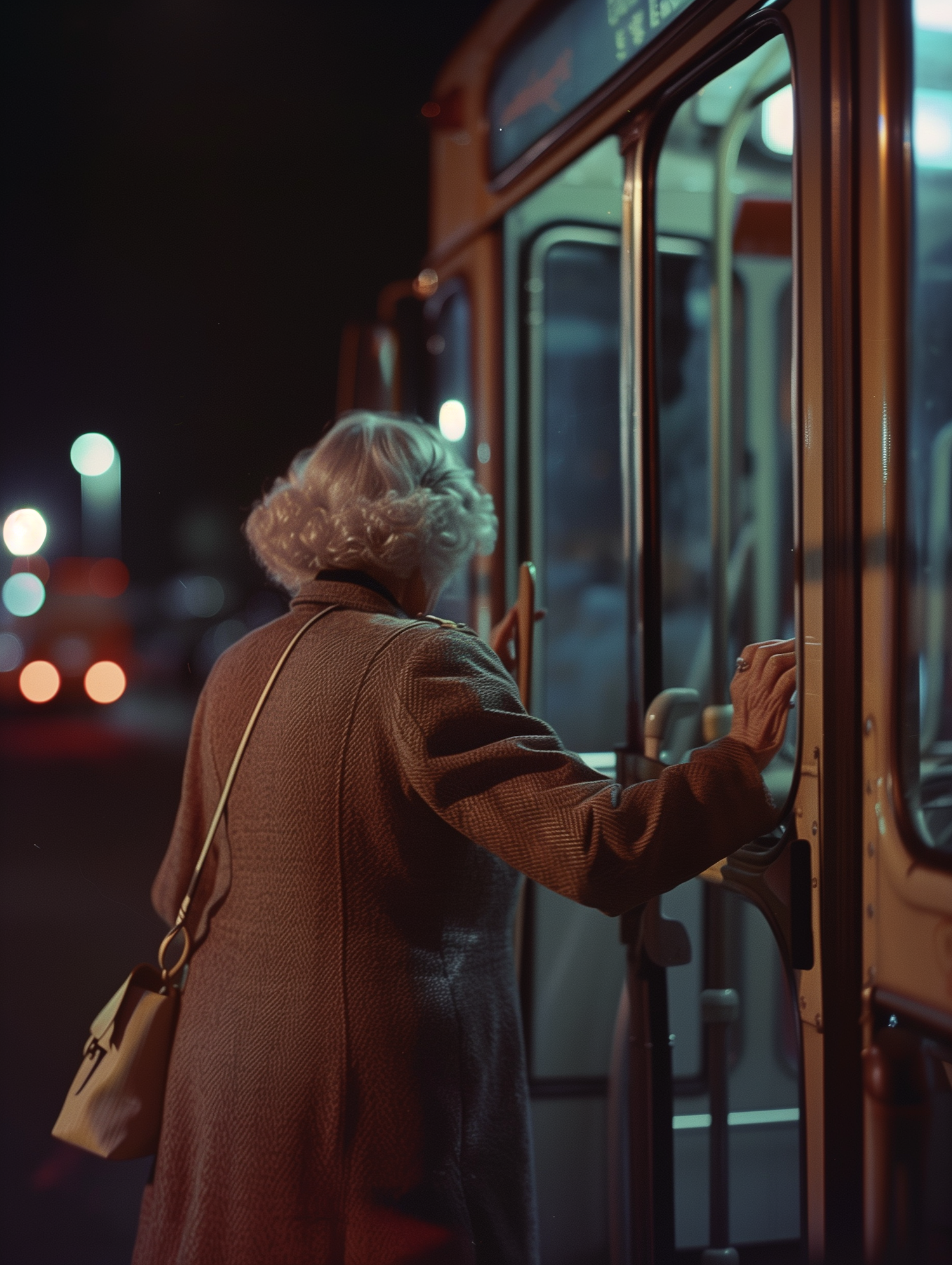 Elderly Woman Boarding Bus at Night