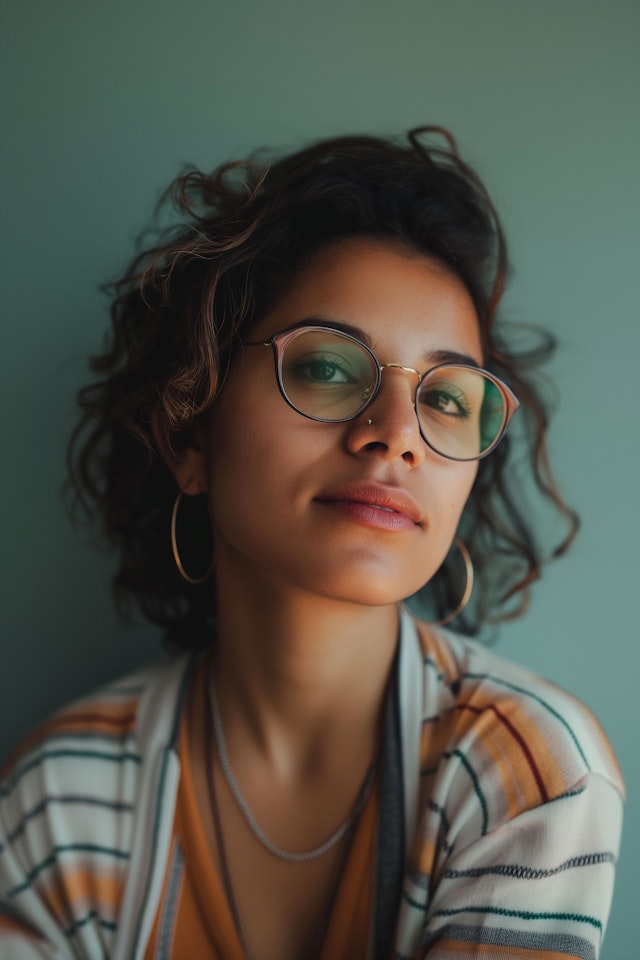 Contemplative Young Woman with Fashionable Accessories