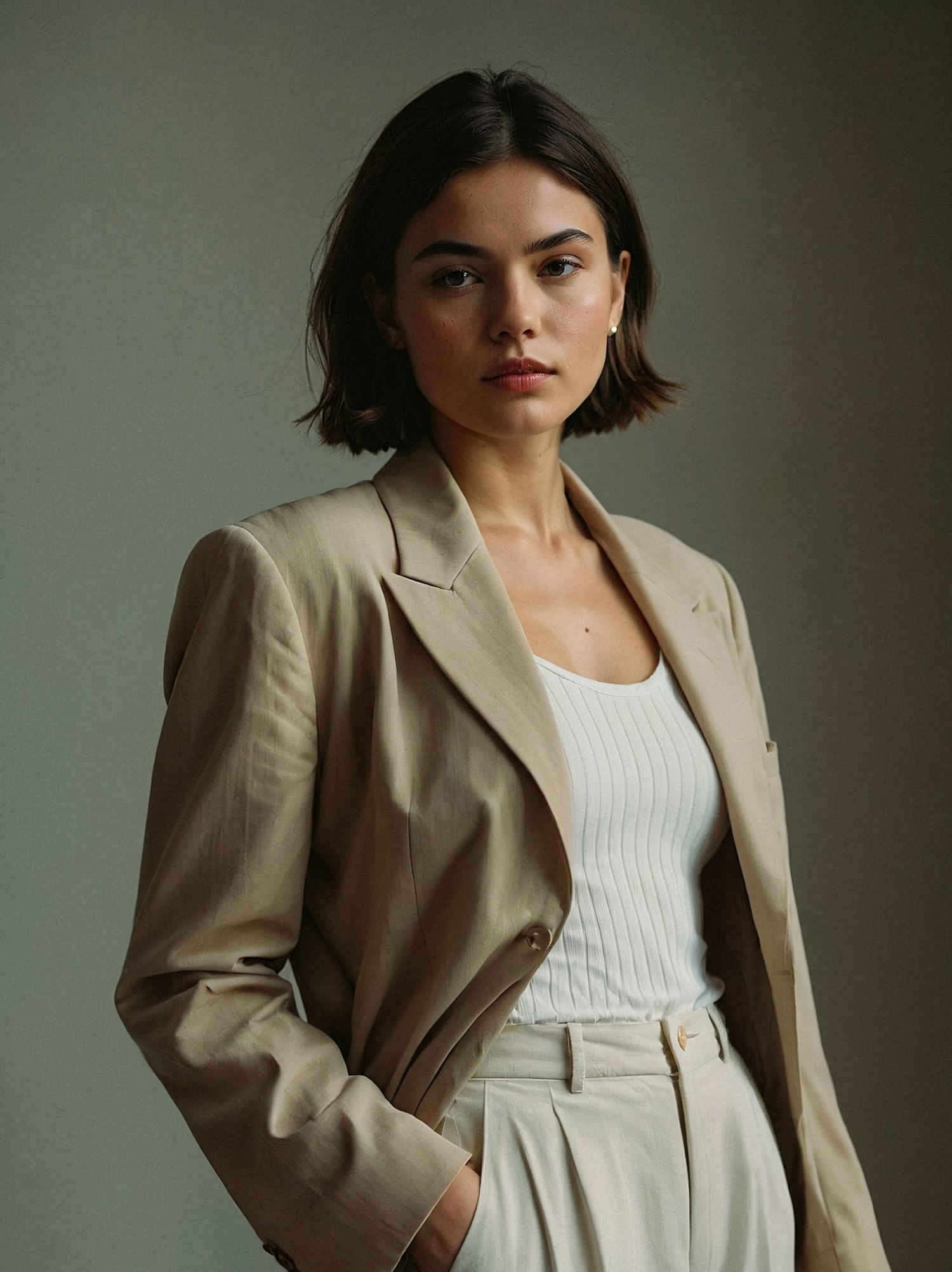 Portrait of a Woman in Beige Blazer