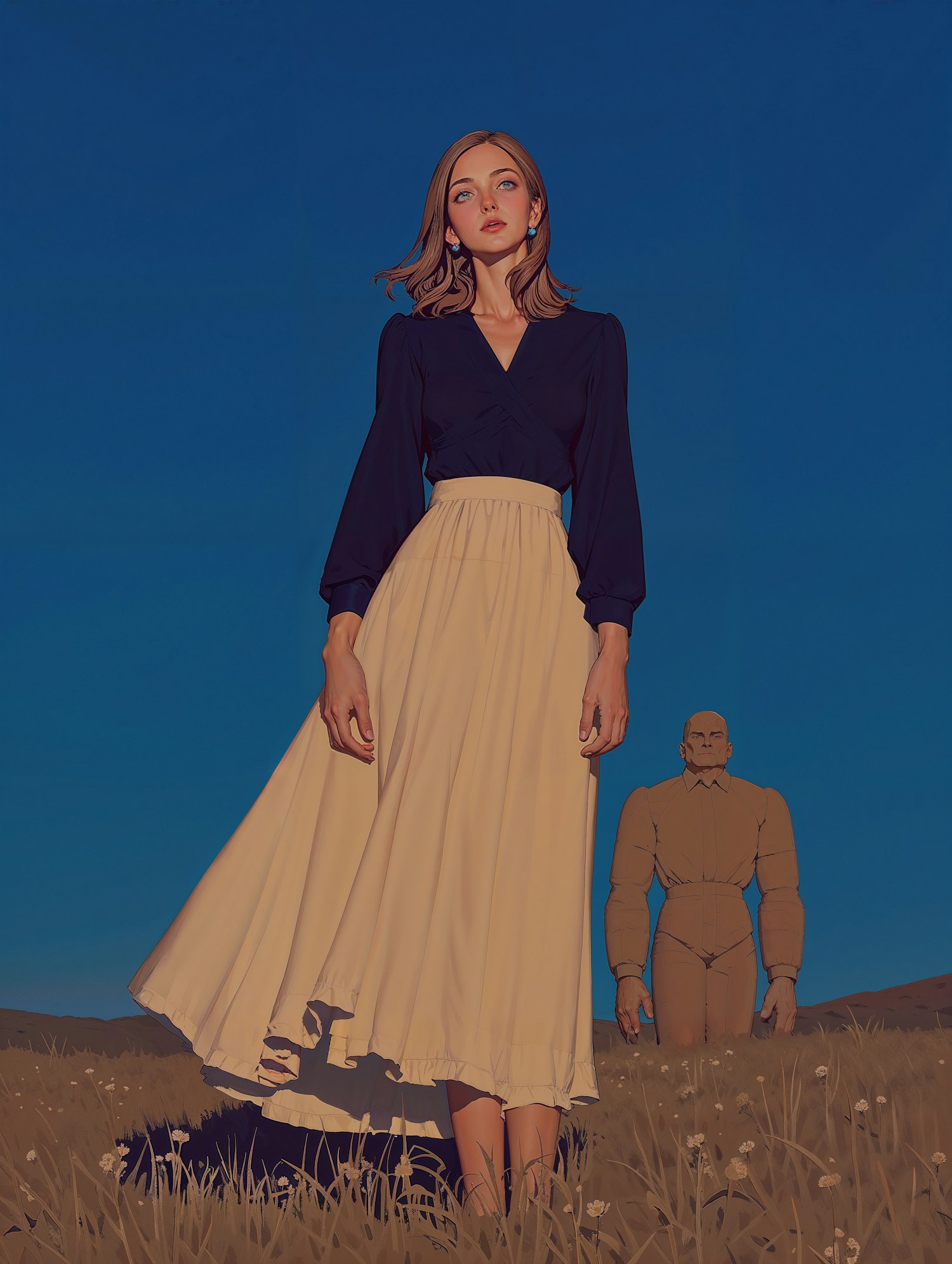 Woman in Field with Humanoid Figure