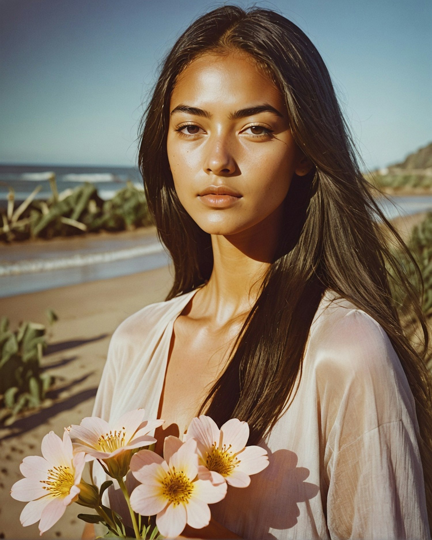 Beach Portrait with Flowers