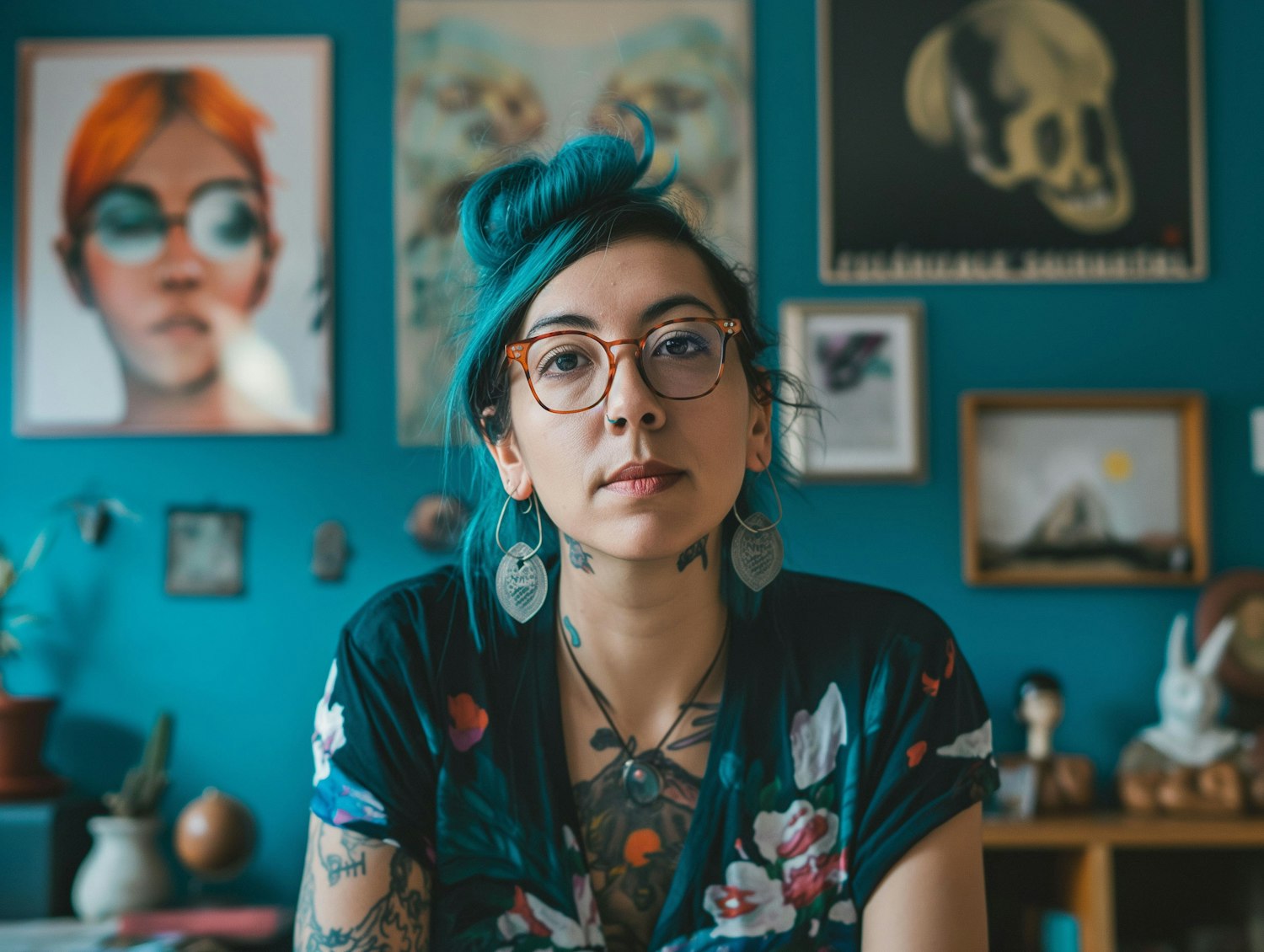 Teal-haired Woman in Eclectic Space