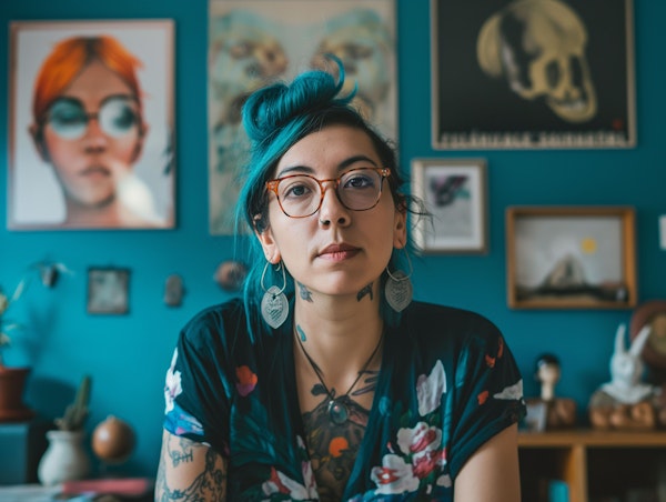 Teal-haired Woman in Eclectic Space