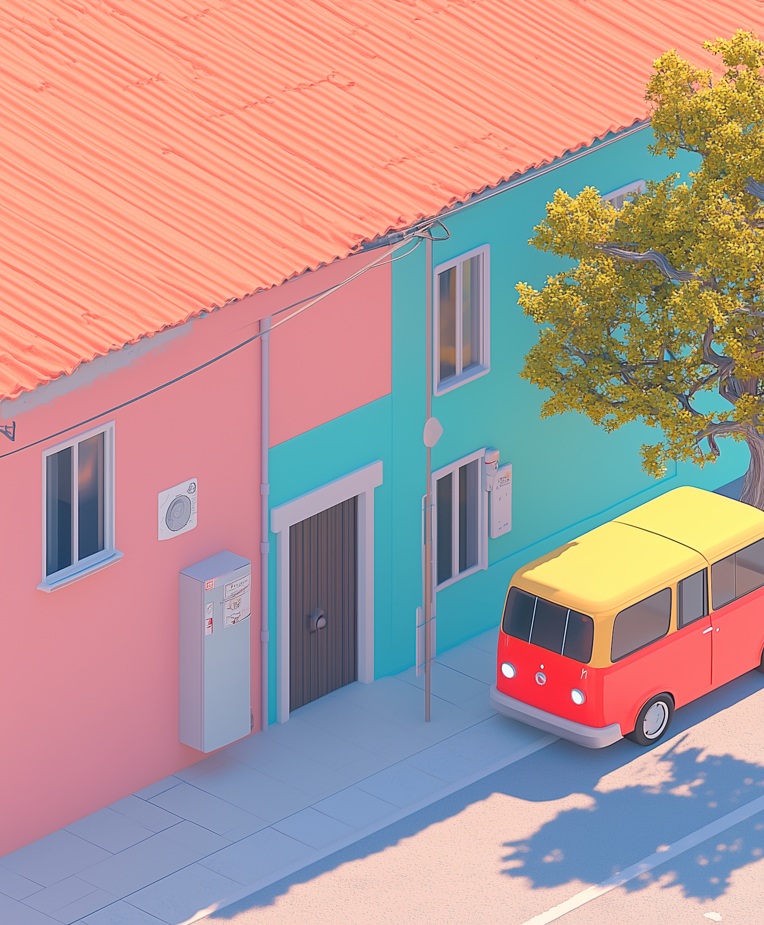 Quaint Animated Street Scene with Colorful Houses and Vintage Van