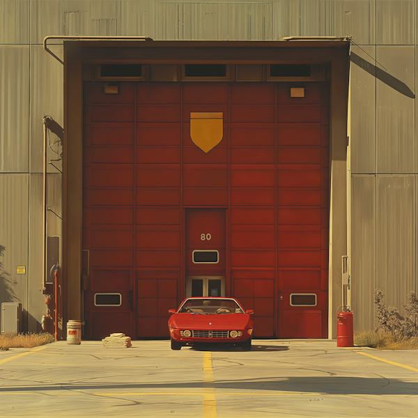 Red Sports Car in Front of Industrial Hangar