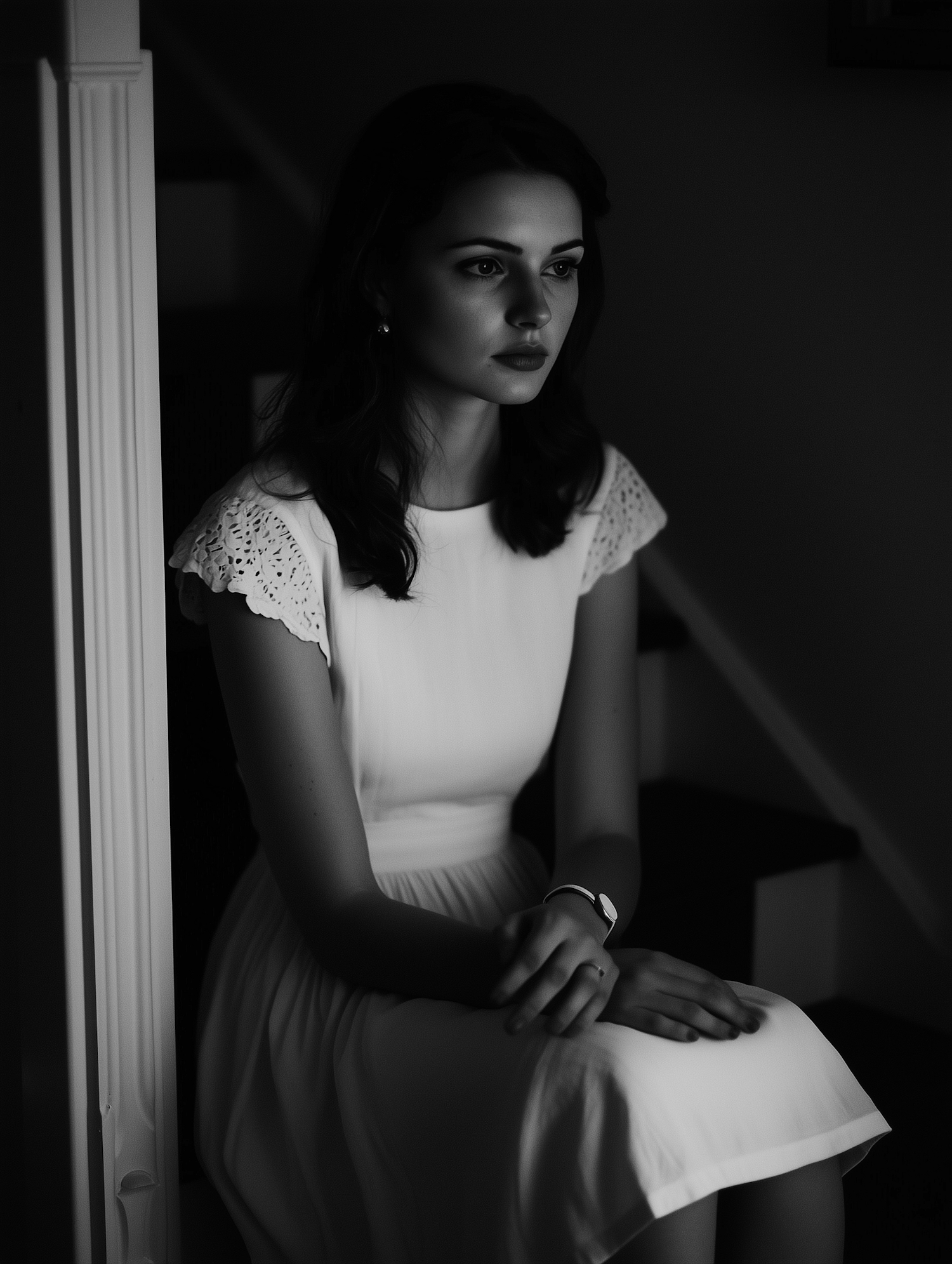 Contemplative Woman on Staircase